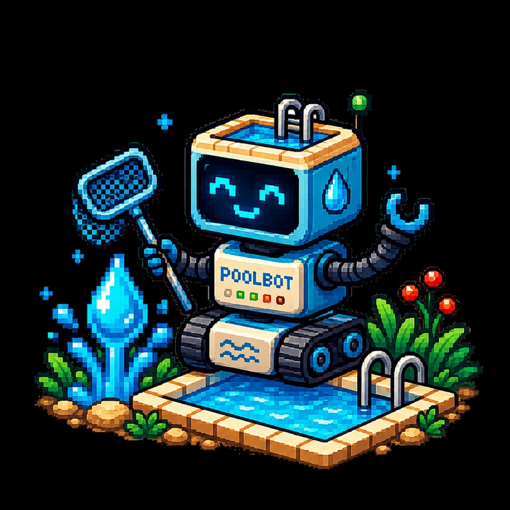 PoolBot mascot with pool skimmer beside a swimming pool